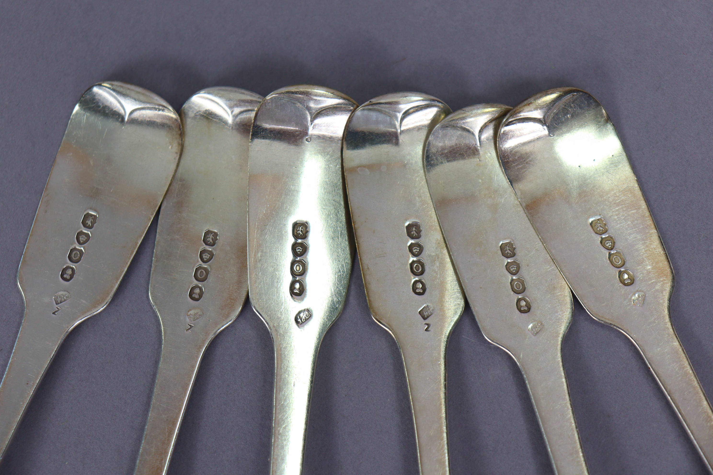 A set of six George IV silver Fiddle pattern tab le spoons, London 1829 by Jonathan Hayne, each with - Image 2 of 3