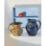 PENNY FAUX (Bath, Contemporary). Still life of two pottery jugs & an apple, titled “Adam & Eve”,