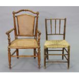 A Victorian beech elbow chair with cane back & seat, on turned supports, 23½” wide x 39” high x