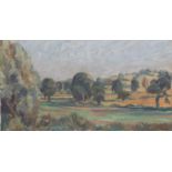 Attributed to ROBERT MEDLEY, R.A. (1905-1994). A rural landscape with trees to the fore & hills