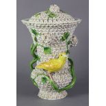 A 19th century Meissen ‘schneeballen’ vase & cover, with applied canaries perched on encircling