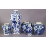 Five various Chinese blue & white porcelain vases, including a 10” baluster vase with alternating
