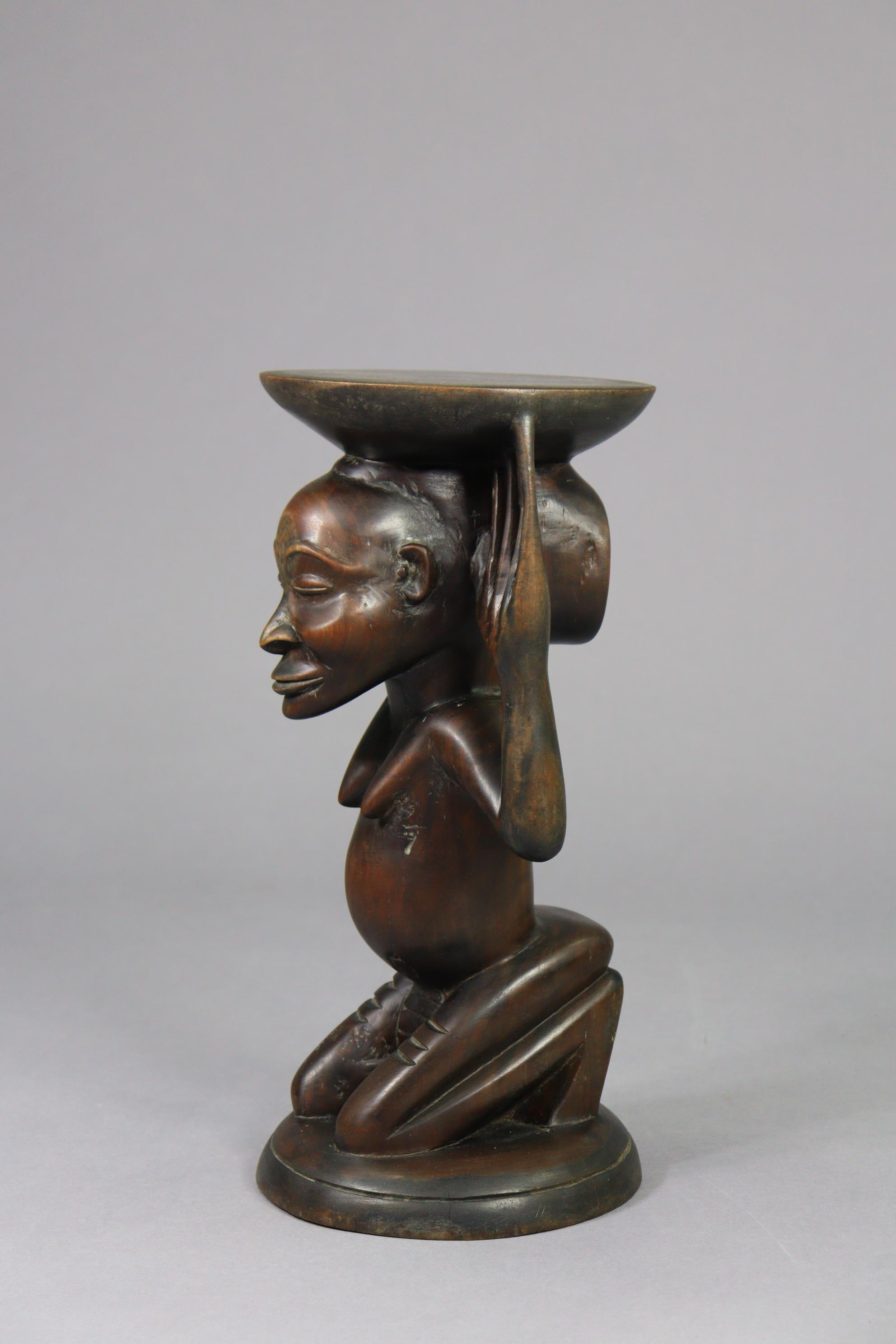 A Luba stool, the female figural support kneeling on circular base, her raised hands supporting - Image 2 of 6
