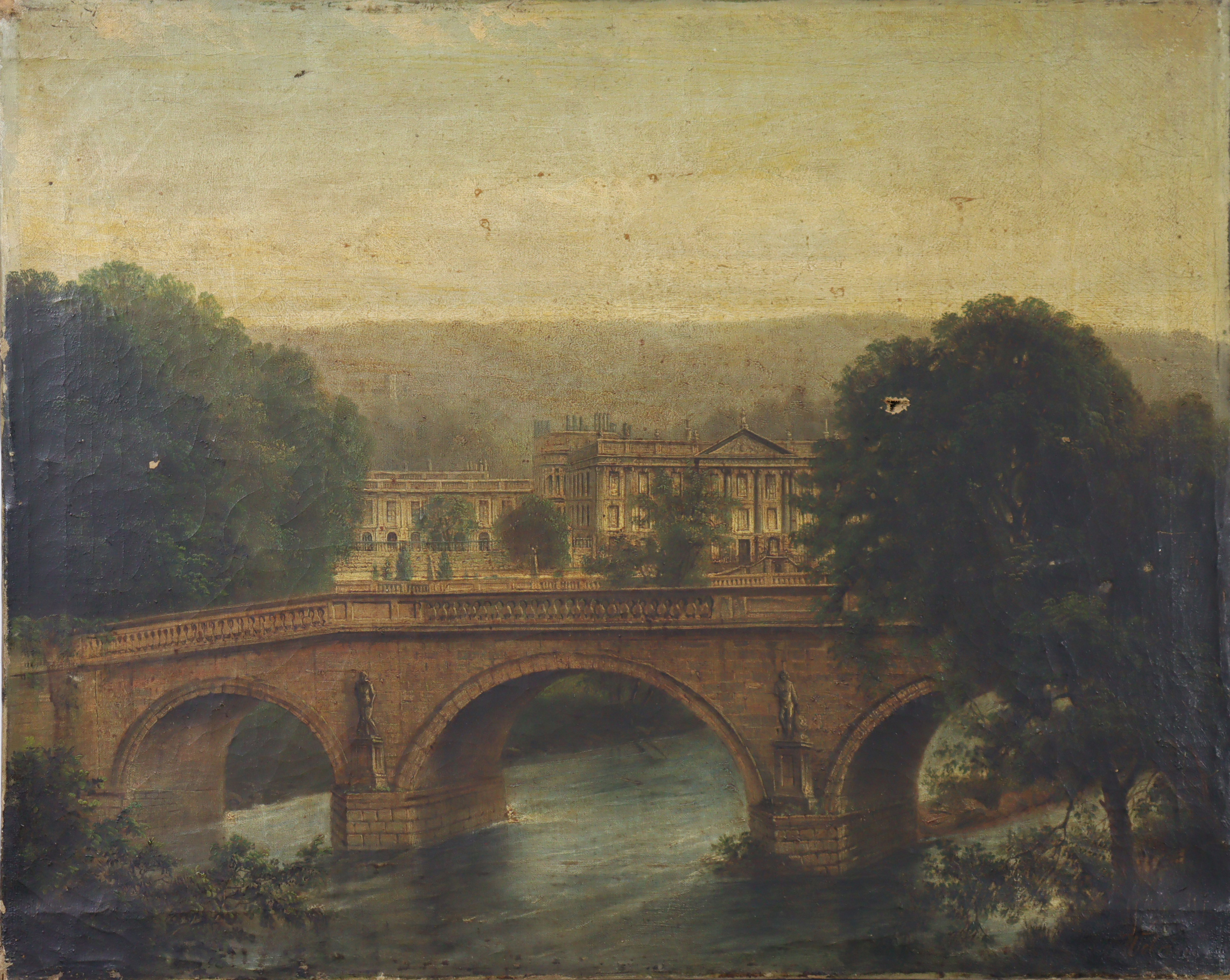 ENGLISH SCHOOL, 19th century. A view of Chatsworth House from the bridge over the river Derwent. Oil