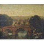 ENGLISH SCHOOL, 19th century. A view of Chatsworth House from the bridge over the river Derwent. Oil