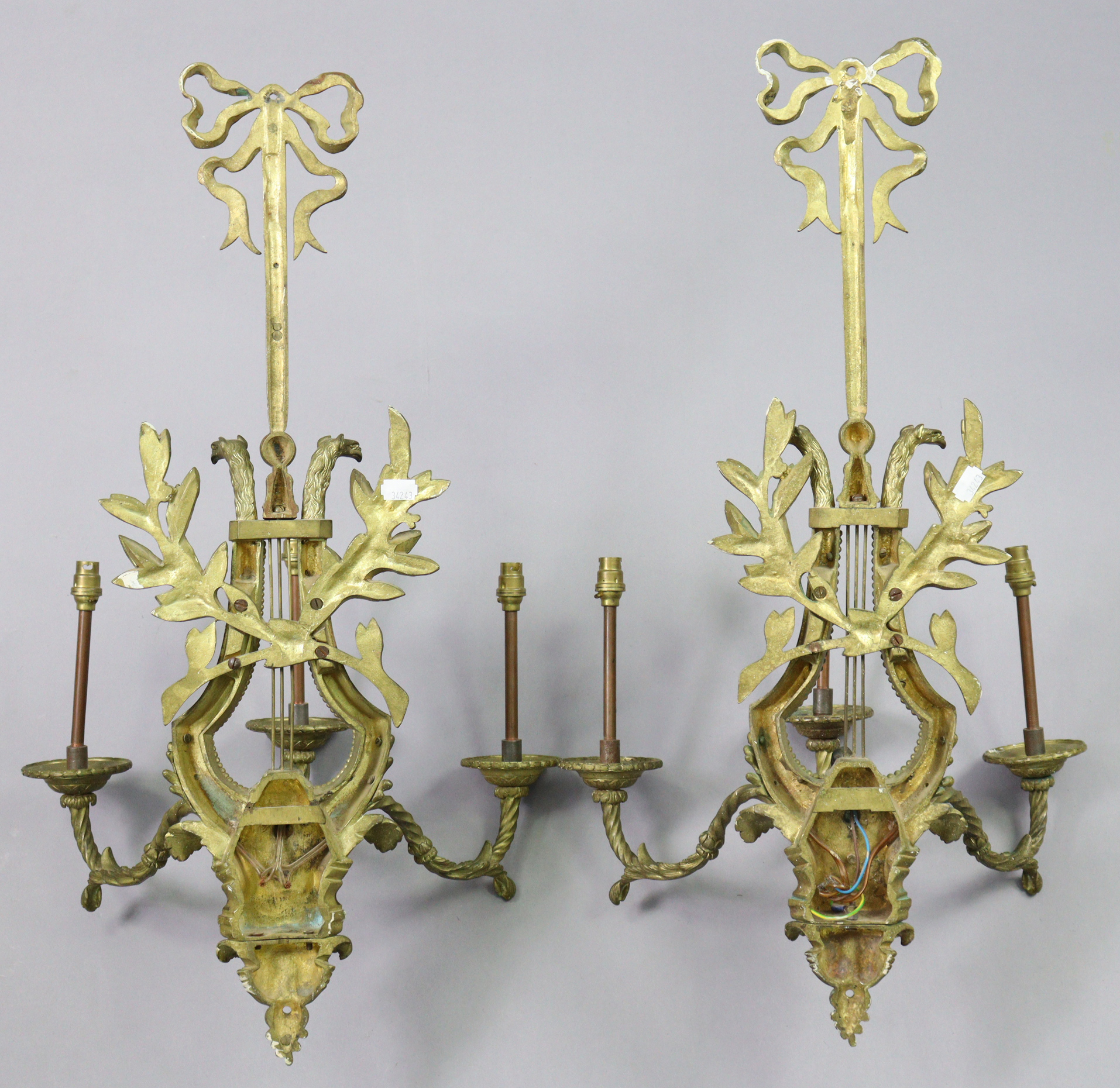 A pair of 19th century gilt-metal lyre-shaped wall sconces, each with three spiral-twist arms, - Image 5 of 5