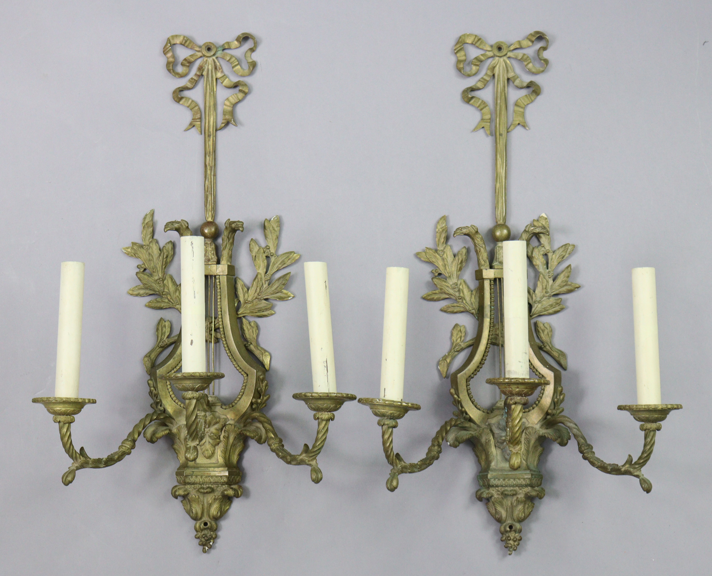 A pair of 19th century gilt-metal lyre-shaped wall sconces, each with three spiral-twist arms, - Image 4 of 5