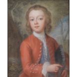 ENGLISH SCHOOL, late 18th century. Portrait of a young man wearing red jacket & holding a hat,