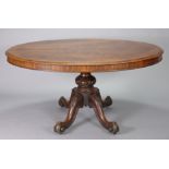A Victorian mahogany pedestal dining table with moulded edge to the oval top, on a bulbous-turned
