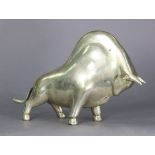 A Modernist silvered-metal sculpture of a bull, inscribed initials P. J. & numbered1/4 to underside