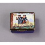 A late 18th century English enamel rectangular snuff box, painted with “The Vicar & Moses” to the