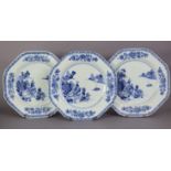 A set of three 18th century Chinese blue & white porcelain octagonal plates, each with a river