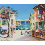 GEORGE HANN (1900-1979). A Mediterranean coastal street scene, oil on board: 19½” x 23¼”, in painted