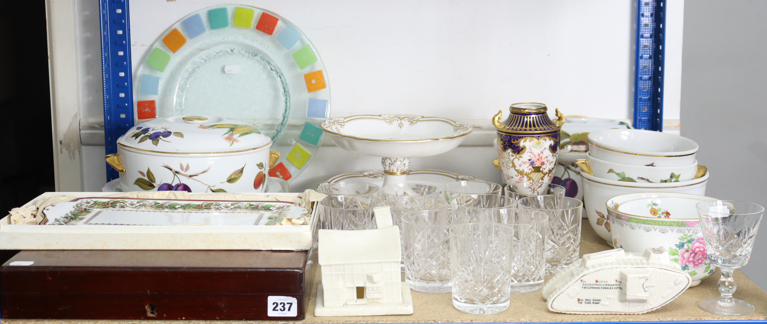 Eight items of Royal Worcester “Evesham” dinner & kitchenware; eleven cut-glass tumblers; three