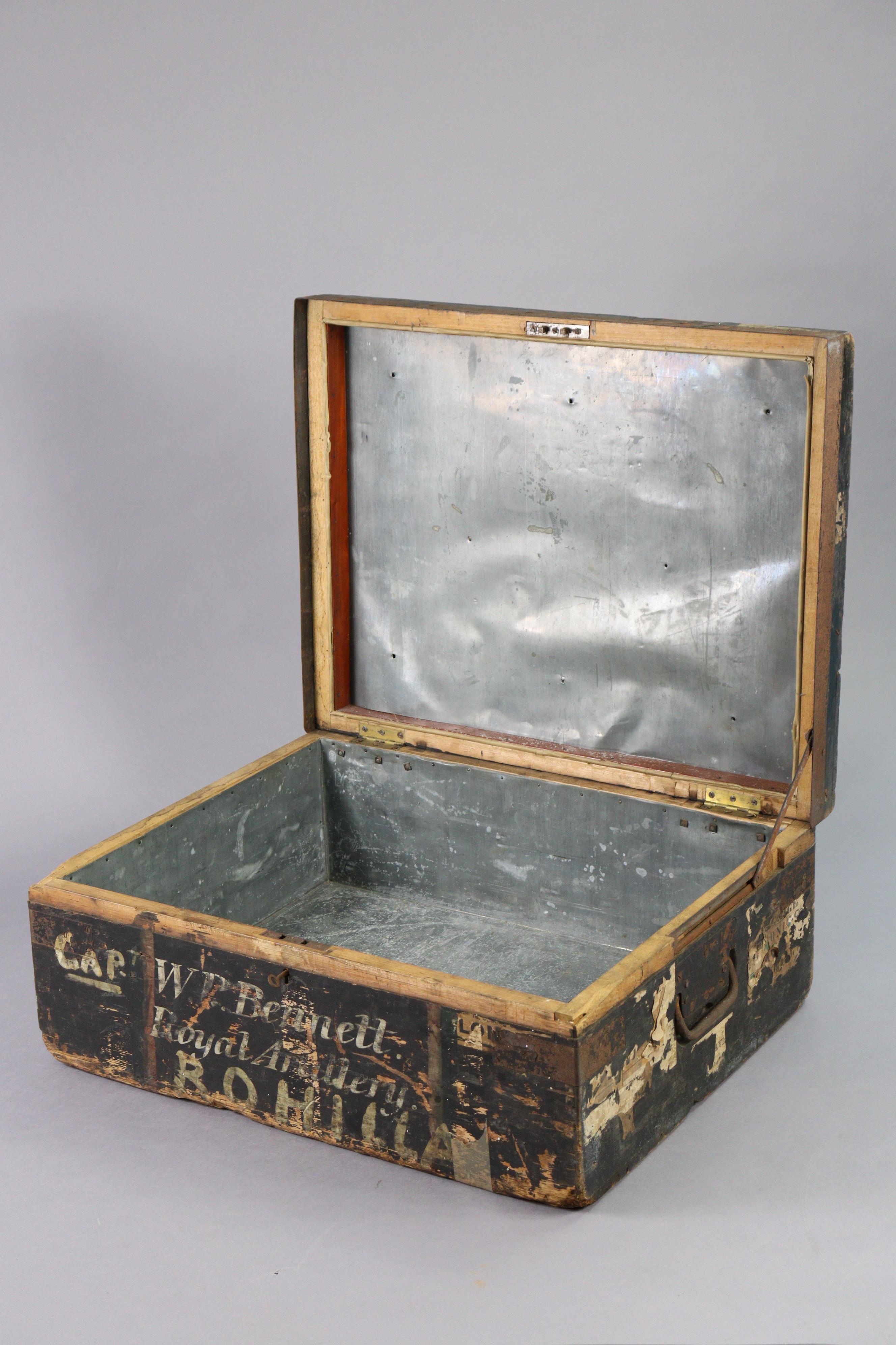 A vintage black painted & steel-bound deal travelling trunk with inscription to front “Cap. W. P. - Image 2 of 3