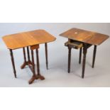 A 19th century mahogany drop-leaf work table on four ring-turned legs (slight faults), 18” wide x