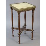 A continental-style mahogany square marble-top occasional table with a pierced brass gallery, & on
