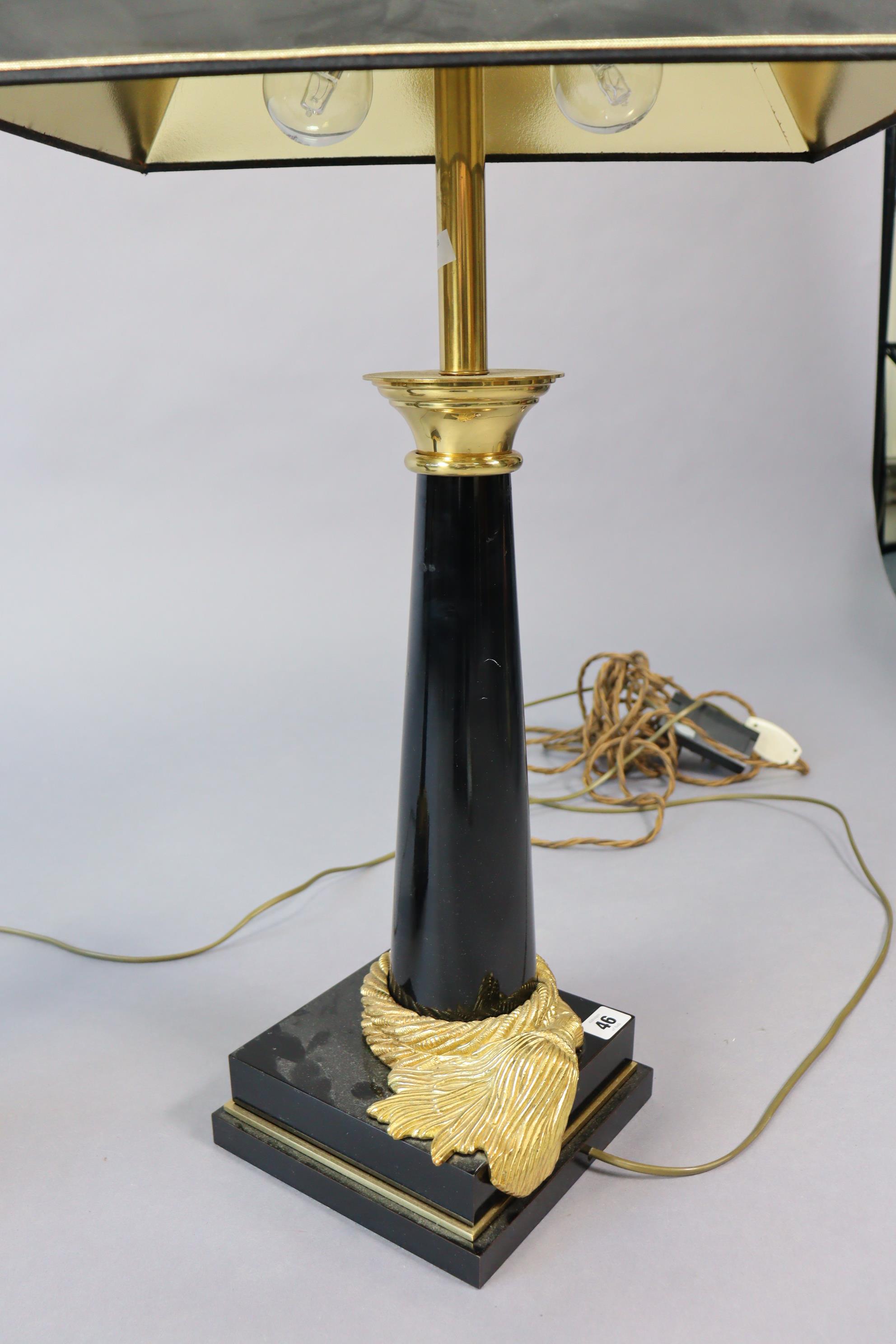 A pair of regency-style black-finish table lamp bases each with gilt-metal mounts, & on square - Image 6 of 8