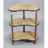 A bamboo & woven-cane kidney-shaped three-tier occasional table, 22¼” wide x 28½” high.