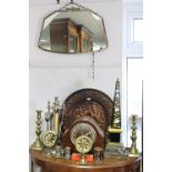 Two 19th century trinket boxes; a frameless wall mirror; a mantel clock; various items of metalware,