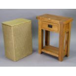 A gold painted loom linen-box, 18” wide; & an oak rectangular small upright two-tier side table