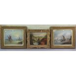 A pair of 19th century oil paintings on board - coastal landscapes each with numerous boats to the