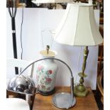 A black finish-metal standard lamp; & four various table lamps