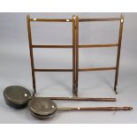 Two 19th century copper warming pans each with a long turned wooden handle; & a beech folding