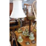A brass Corinthian-style table lamp with shade 34¾” tall (over-all); & three brass ceiling light