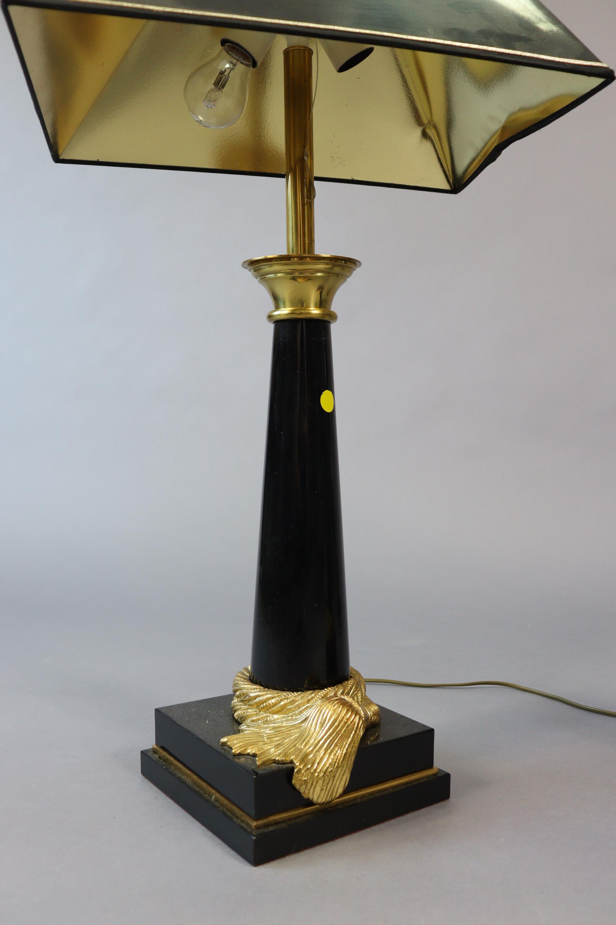 A pair of regency-style black-finish table lamp bases each with gilt-metal mounts, & on square - Image 2 of 8