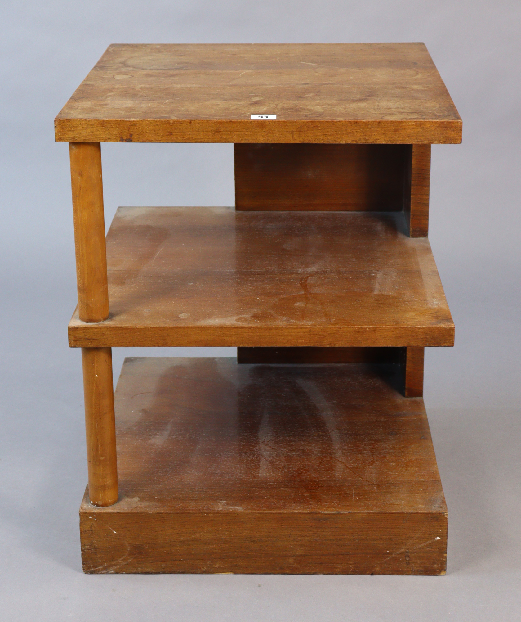 A mahogany square three-tier book table on a plinth base, 19½” wide x 25” high; & a rectangular wall