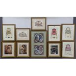 Six small coloured prints each depicting a French furniture design; together with eight various