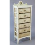 A continental-style mahogany white painted wood & cloth-covered upright chest fitted six long