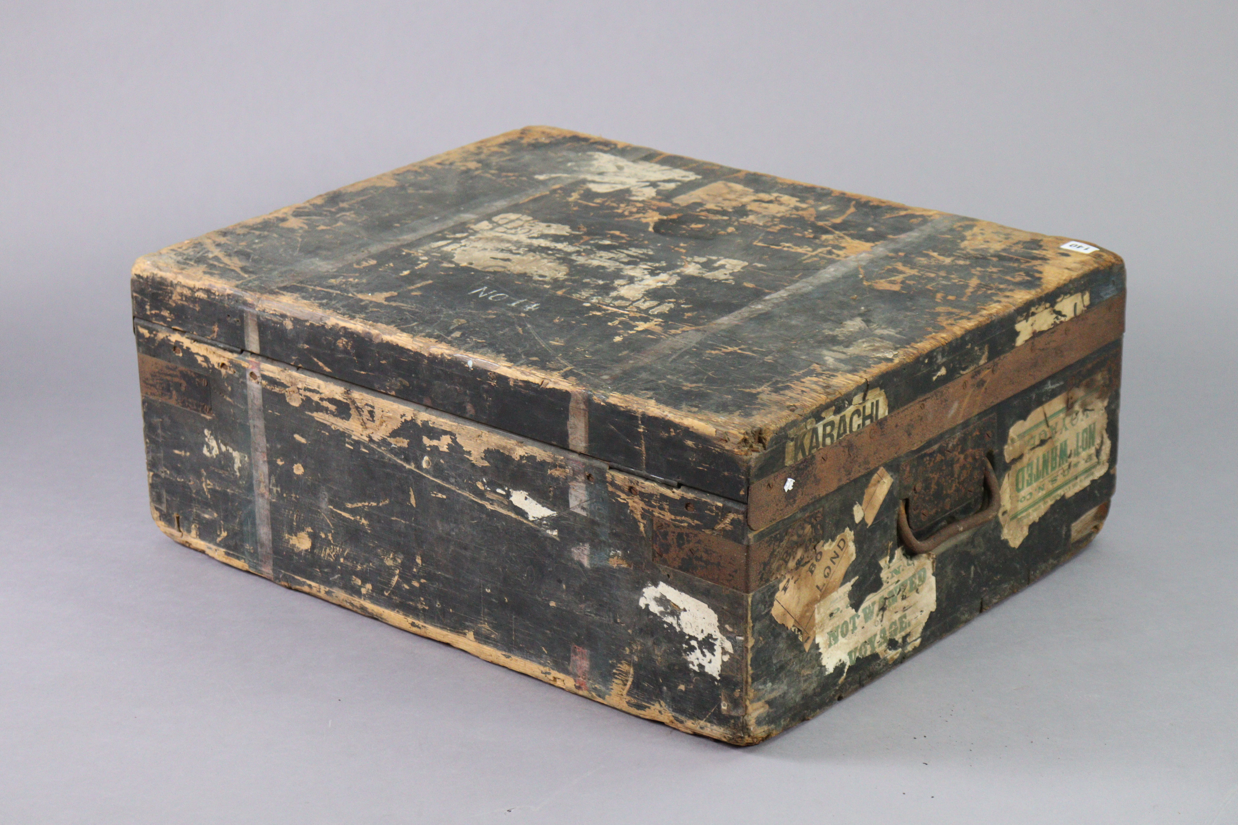 A vintage black painted & steel-bound deal travelling trunk with inscription to front “Cap. W. P. - Image 3 of 3