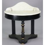 A late Victorian regency-style black & gold painted wooden marble top demi-lune washstand on a