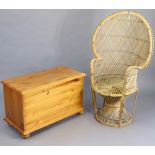 A pine blanket-box with a hinged lift-lid, & on turned feet, 33½” wide x 20” high; & a wicker