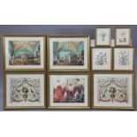 Three large coloured prints each depicting a stately-home interior, each 14¼” x 18¾”; three small