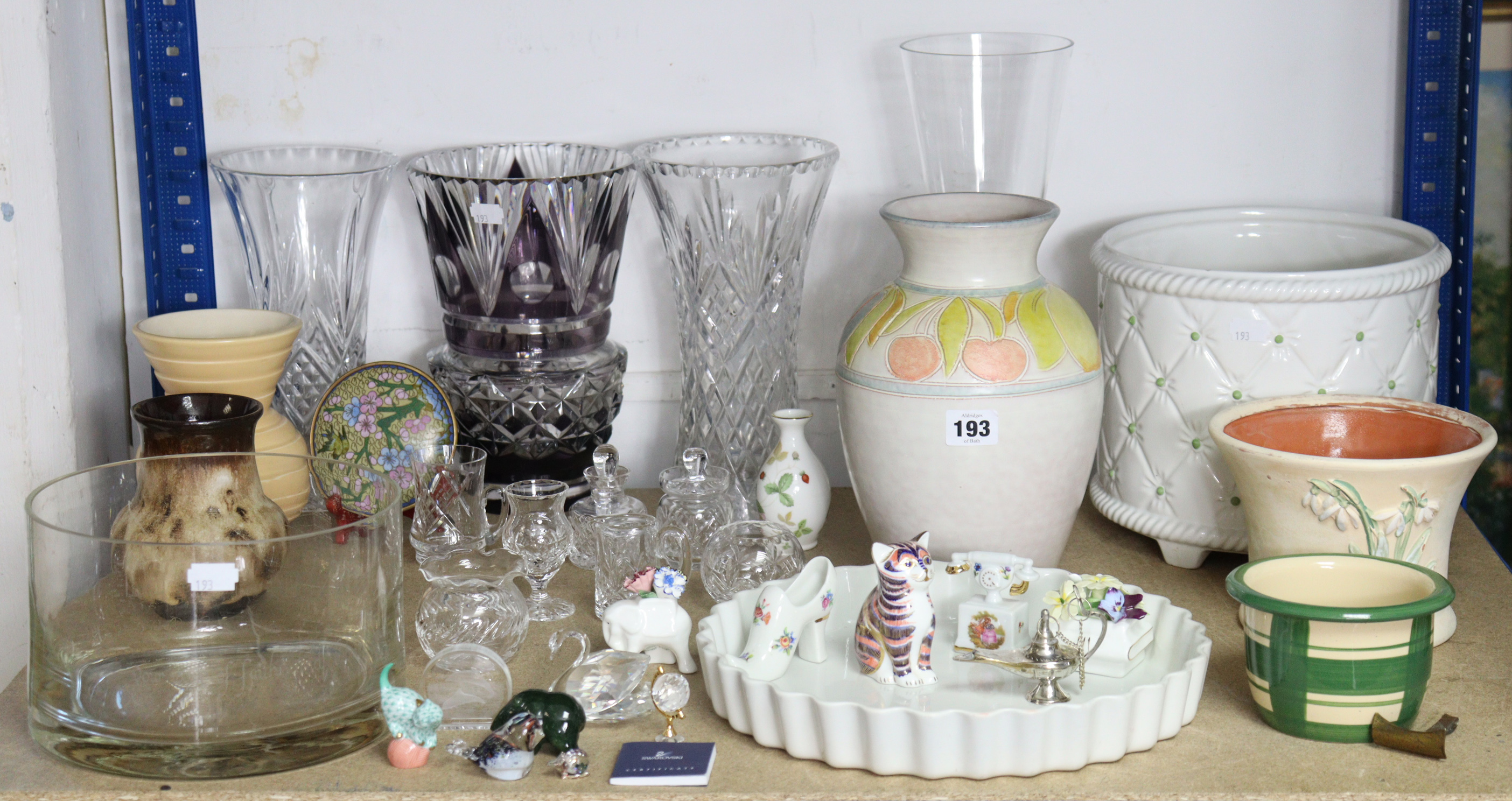 A Royal Crown Derby novelty “cat” paperweight; an art-glass vase; various other vases; & sundry