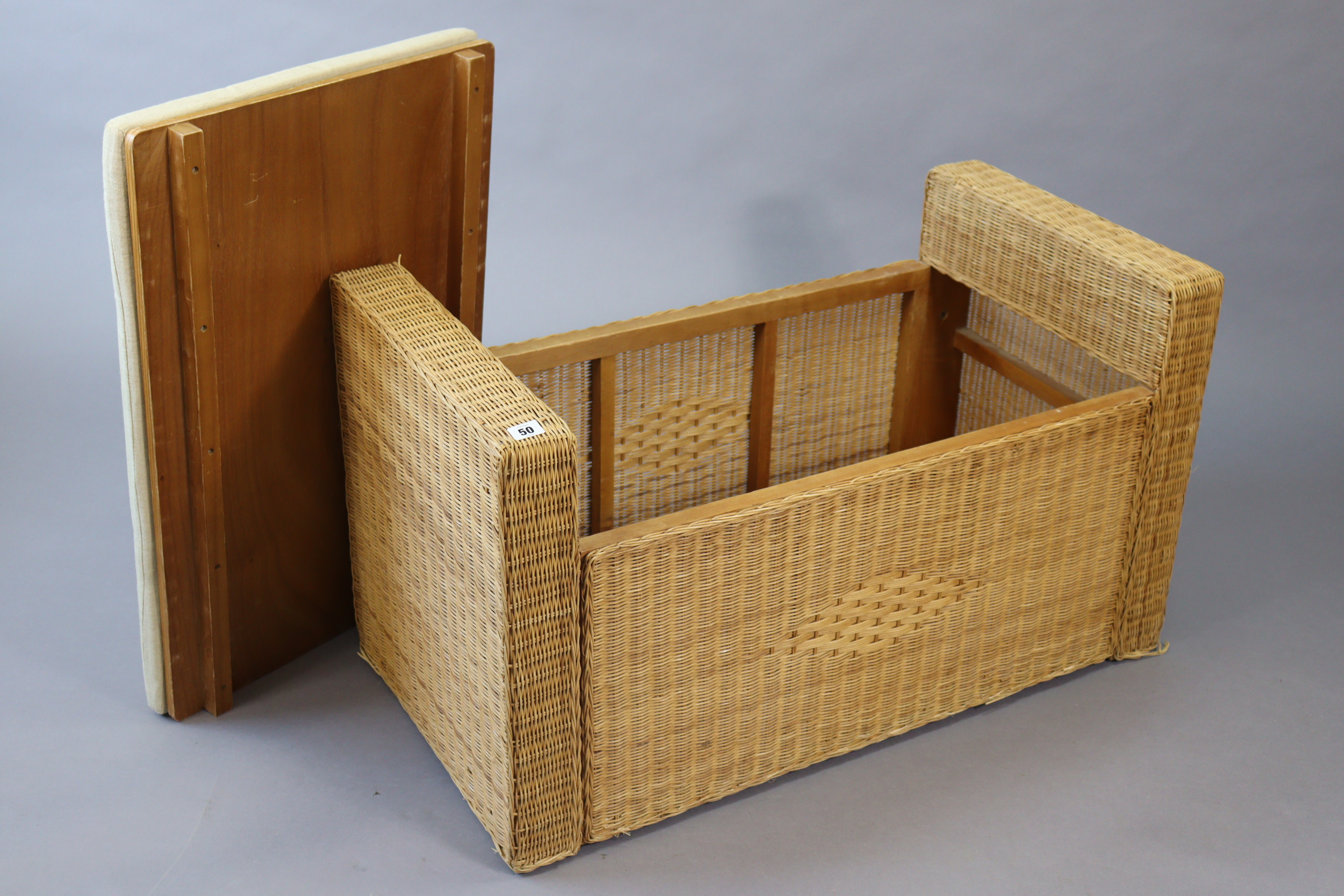 A wicker blanket box with a padded seat, 37” wide x 21” high. - Image 2 of 4