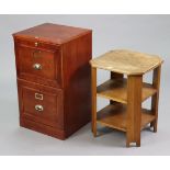 An oak three-tier book table on square supports, 18” wide x 23” high; & an oak-finish two-drawer