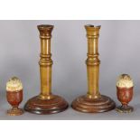 A pair of Victorian treen candlesticks, 9”; & a ditto pair of egg cups with carved & painted
