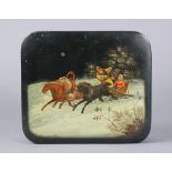 A Russian lacquer work trinket box with a winter-sledge scene to the hinged lift-led, 6¾” wide.