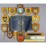 Eleven British Royal Navy ships ward room plaques, one volume “British Warships”, three vintage ru