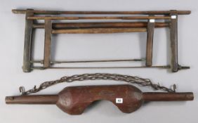 Two vintage wooden bow-saws, 35½”, & 28” long; & a vintage wooden yoke, 35¾” long.
