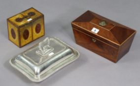 A 19th century inlaid-mahogany two-division tea caddy with a glass mixing bowl, 10¾” wide;
