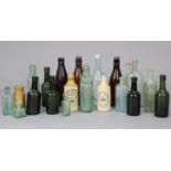 Two vintage “Cater, Stoffell & Fortt of Bath” green tinted glass bottles, 7½” high; & various