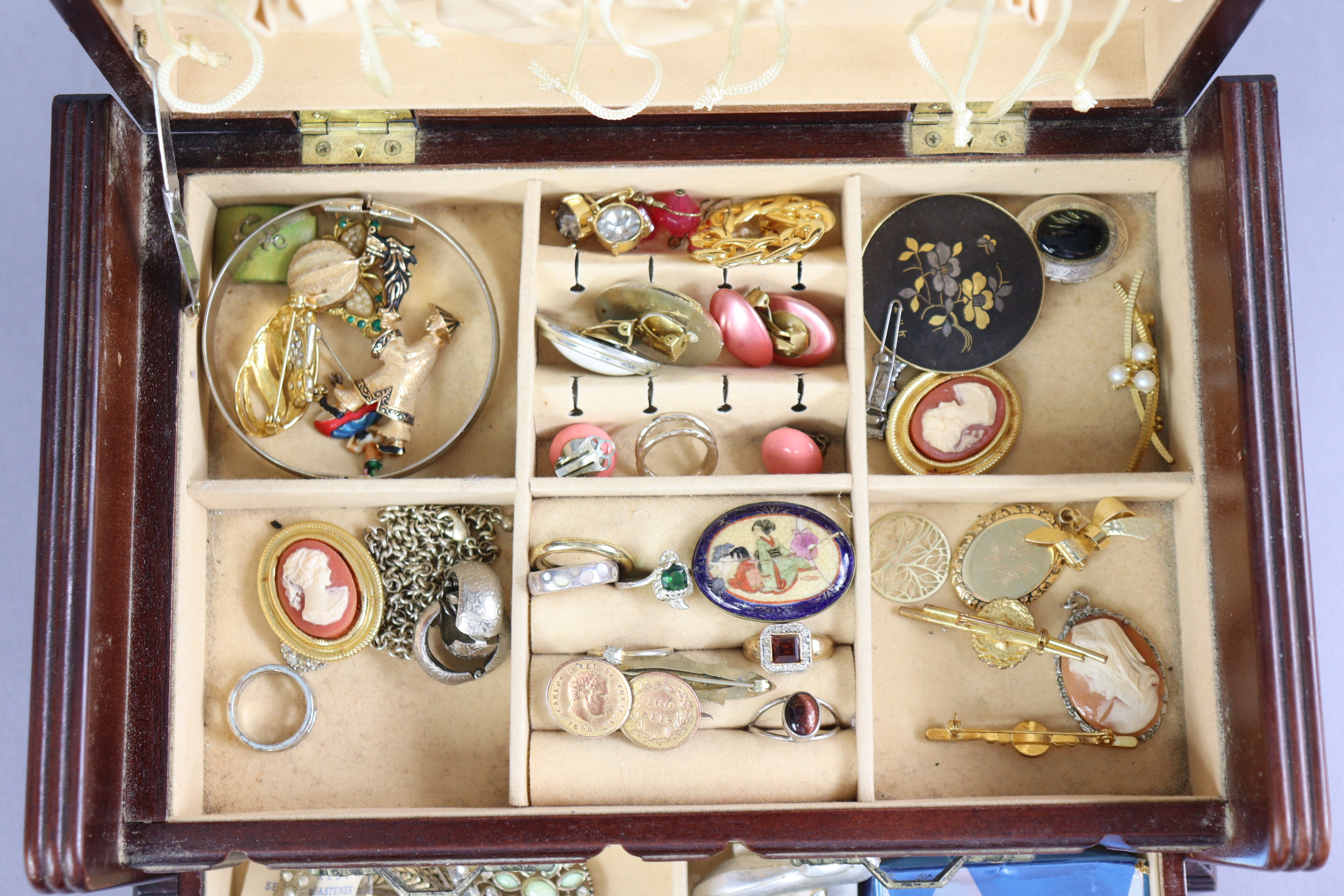 Various items of costume jewellery; & a mahogany-finish jewellery box. - Image 3 of 3