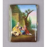 An 18th century-style gilt-metal cigarette case with enamelled group figure scene decoration to