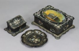 A Victorian black-lacquered papier mâché & mother-of-pearl inlaid work box with printed scene “Royal