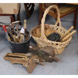 Two vintage cast-iron bench vices; & various vintage hand tools.